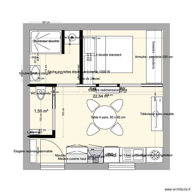 Studio. Plan de 2 pièces et 24 m2