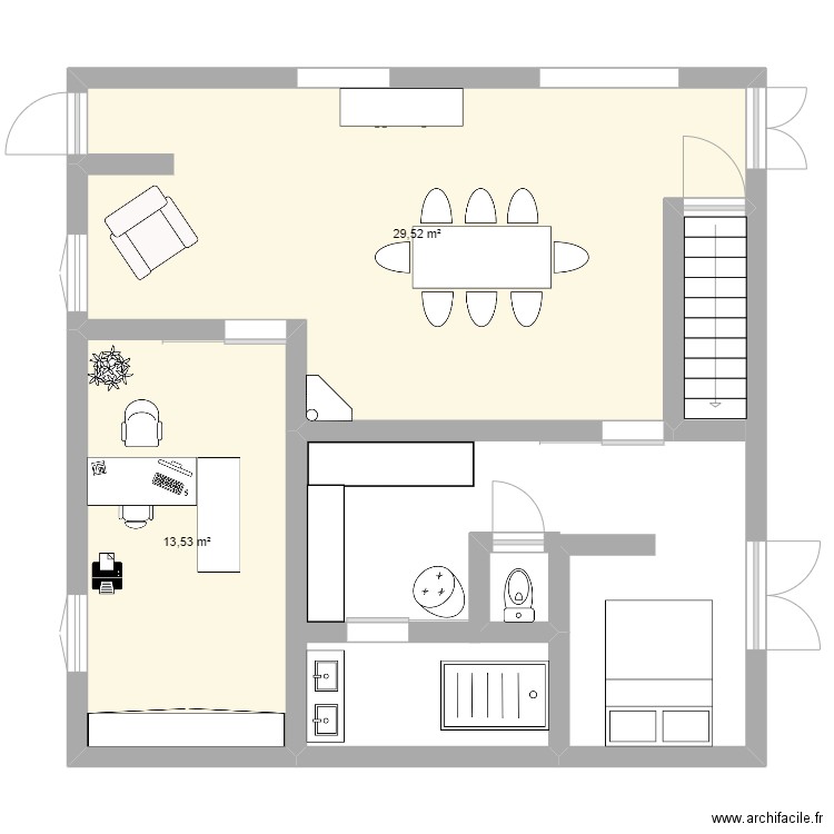 etage extension. Plan de 2 pièces et 43 m2