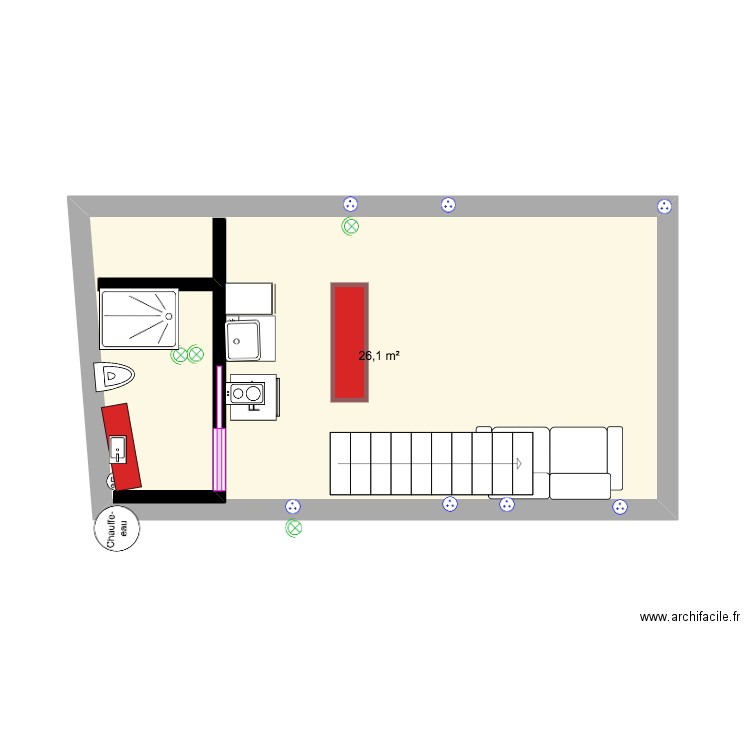 R2 90Général Moulin. Plan de 1 pièce et 26 m2