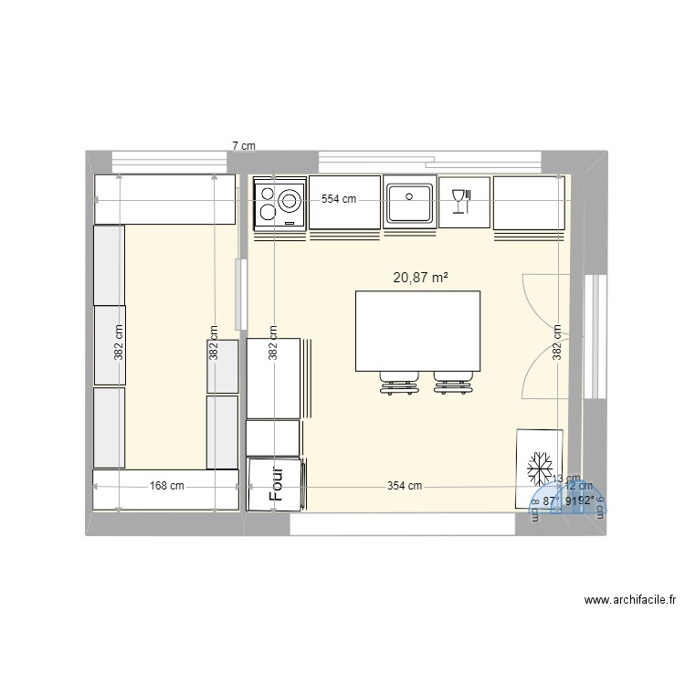 cuisine. Plan de 1 pièce et 21 m2