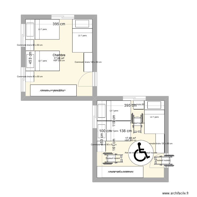 chambre a coucher . Plan de 1 pièce et 18 m2