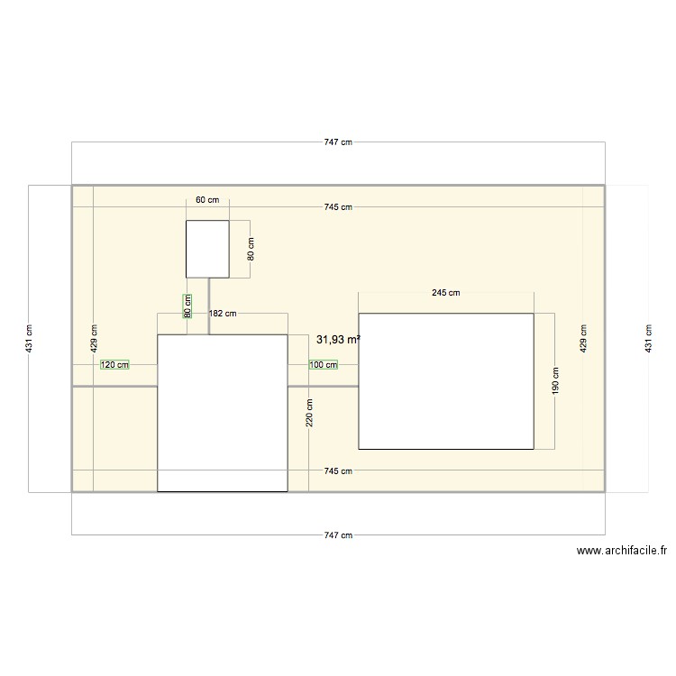 facade rose. Plan de 1 pièce et 32 m2