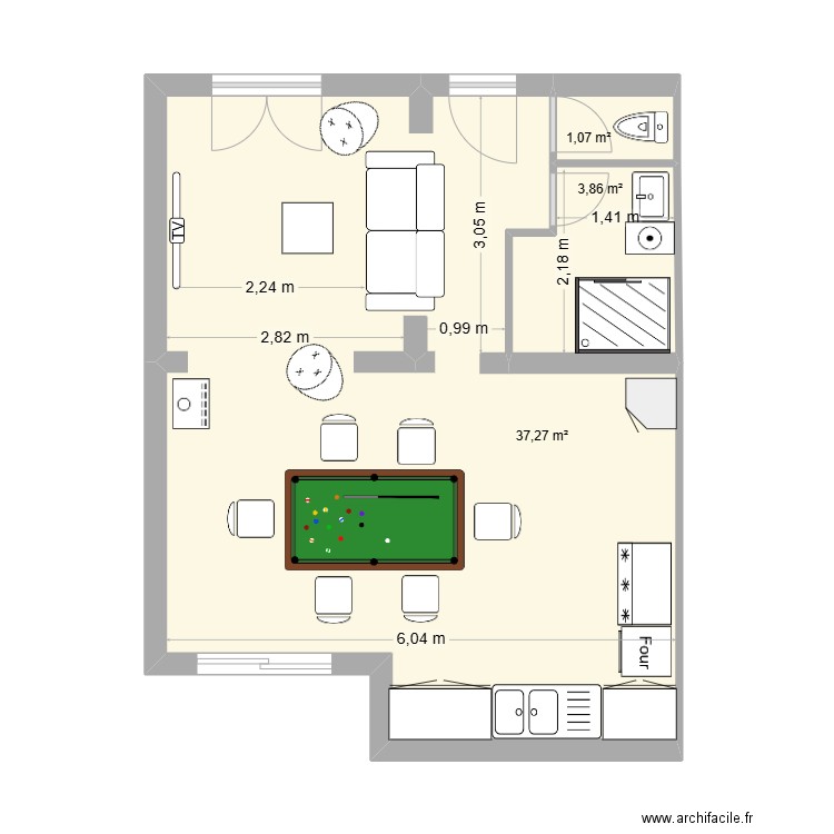 Garluche cuisine chambre v3. Plan de 3 pièces et 42 m2