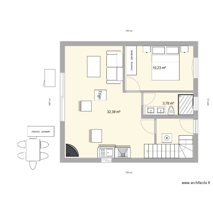 plan_sud_test_2pces. Plan de 3 pièces et 46 m2