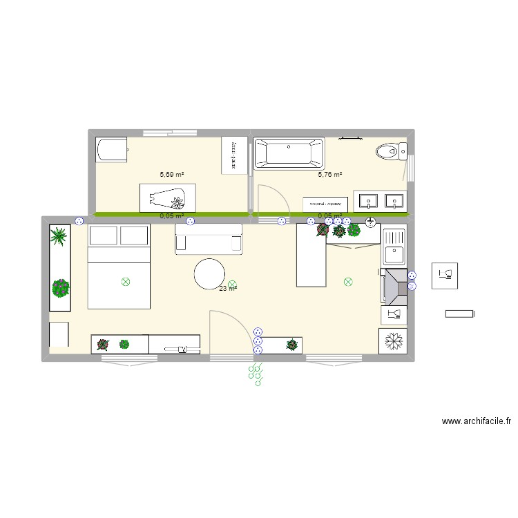 Bungalow avec chambre et sdb. Plan de 5 pièces et 35 m2