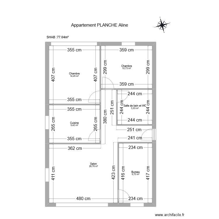 Planche Aline. Plan de 6 pièces et 77 m2