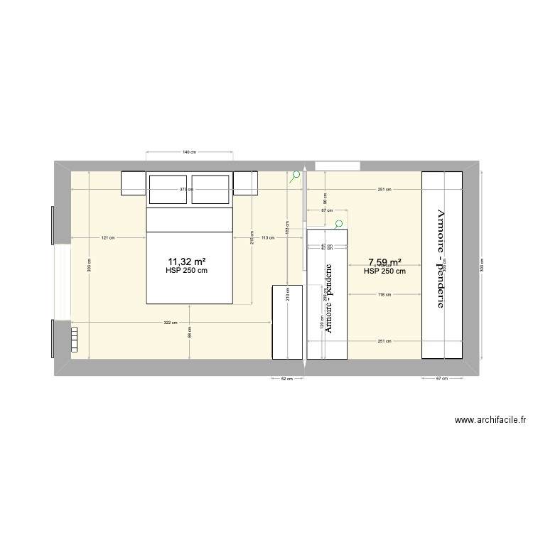 chambre. Plan de 2 pièces et 19 m2