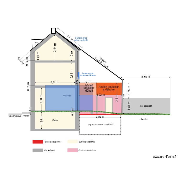 Plan coupe actuel. Plan de 7 pièces et 56 m2