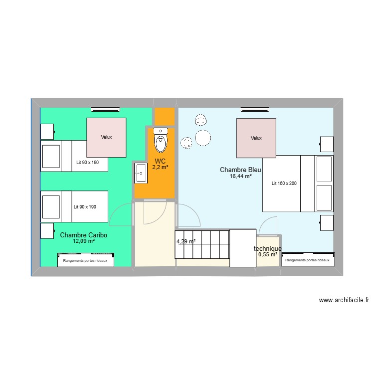 Etage Glycine avec meubles et lits séparés avec toilette 03 03 2023. Plan de 5 pièces et 36 m2