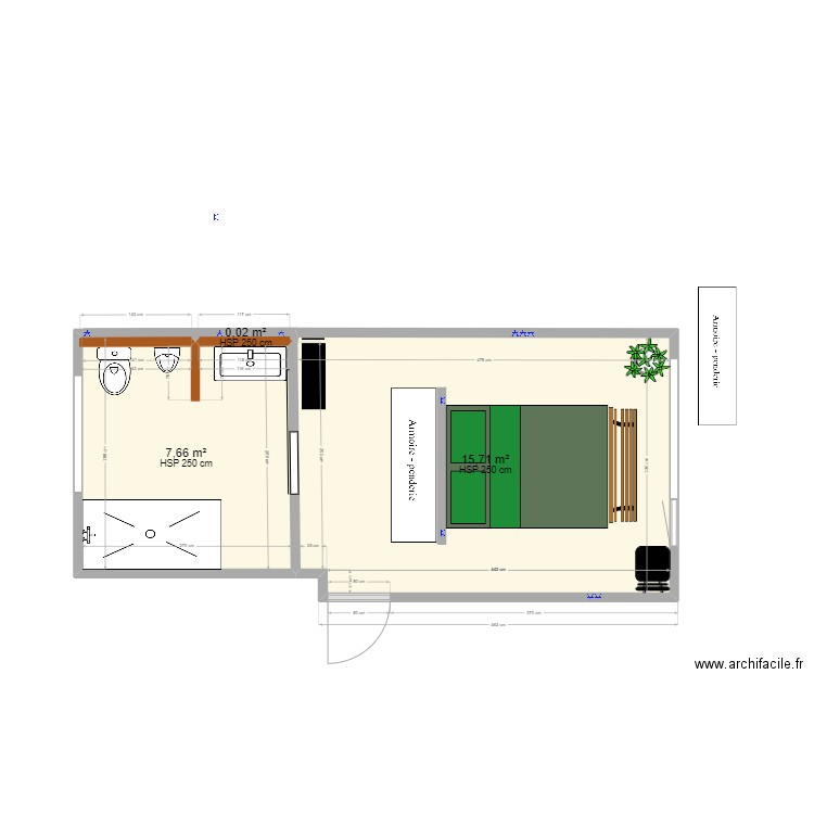 chambre parental 3. Plan de 3 pièces et 23 m2