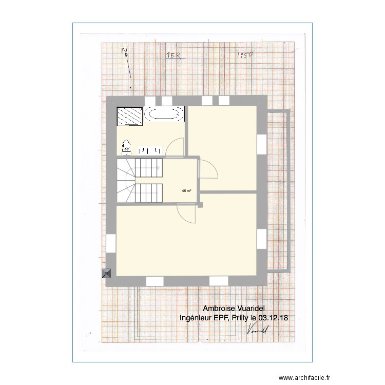 1er_prilly. Plan de 1 pièce et 46 m2