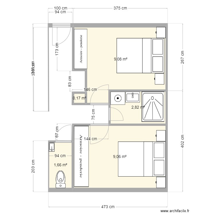 plan 1. Plan de 5 pièces et 23 m2