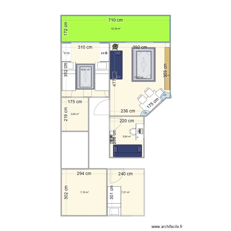 plan 2 lits simple. Plan de 7 pièces et 66 m2