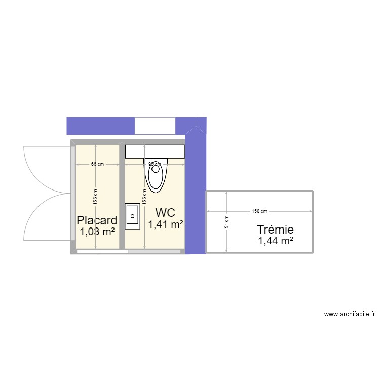 placard wc. Plan de 3 pièces et 4 m2