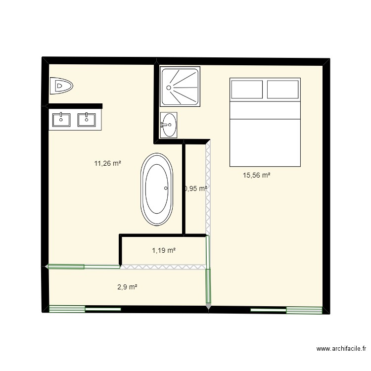 Sdb chambre 3. Plan de 5 pièces et 32 m2