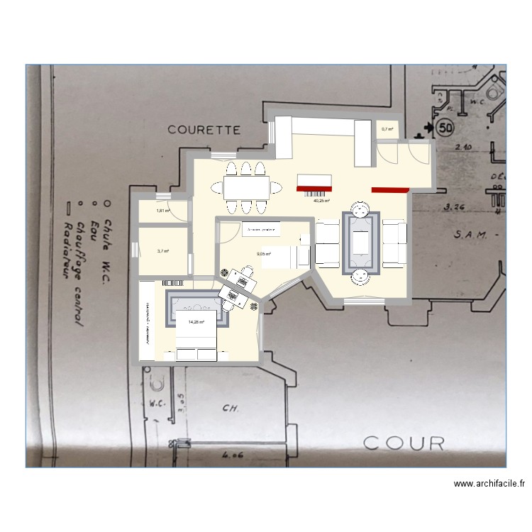 appart modif. Plan de 6 pièces et 70 m2