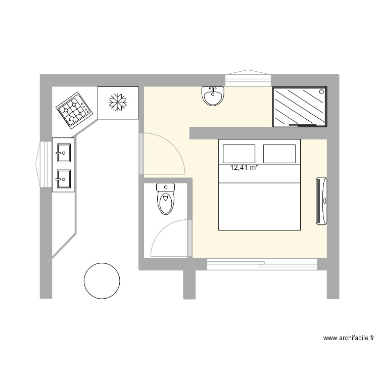 chambre double / cuisine. Plan de 1 pièce et 12 m2