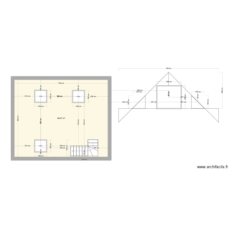 comble zapata. Plan de 1 pièce et 46 m2