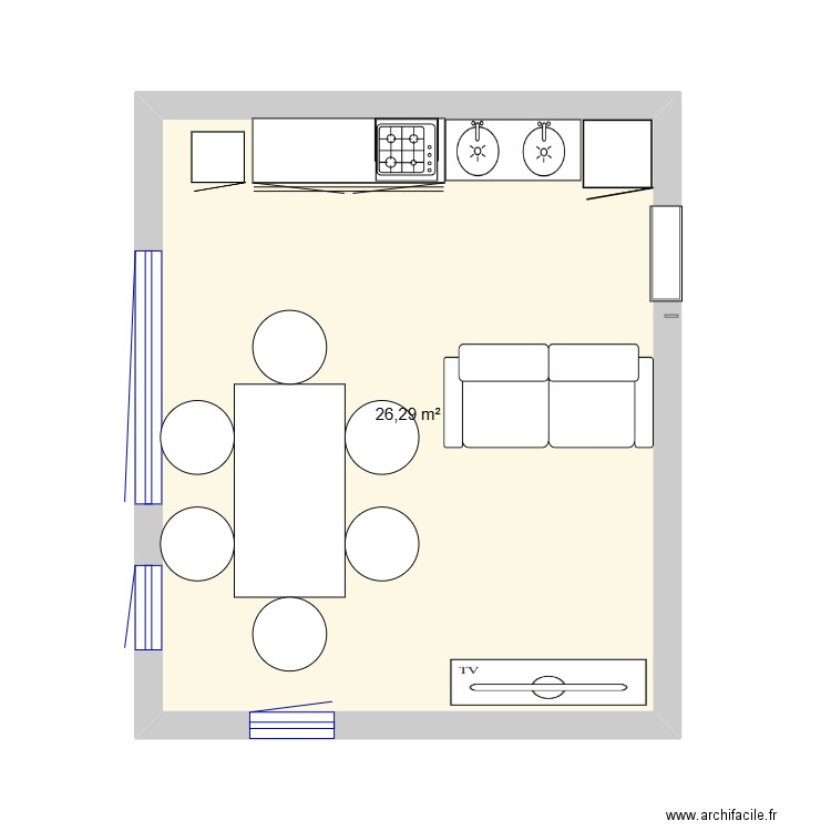 Salle/Salon/Cuisine. Plan de 1 pièce et 26 m2