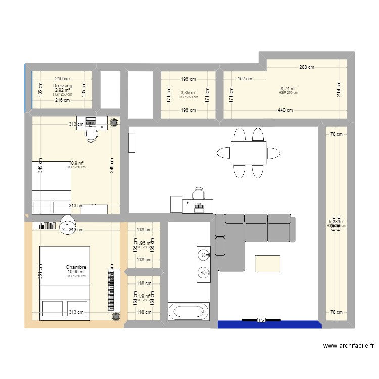 Appartement Roro et moi. Plan de 8 pièces et 46 m2