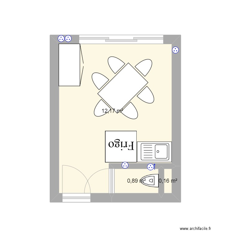 Tisanerie. Plan de 3 pièces et 13 m2