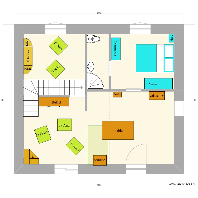 en face : chambre au poele. Plan de 2 pièces et 54 m2