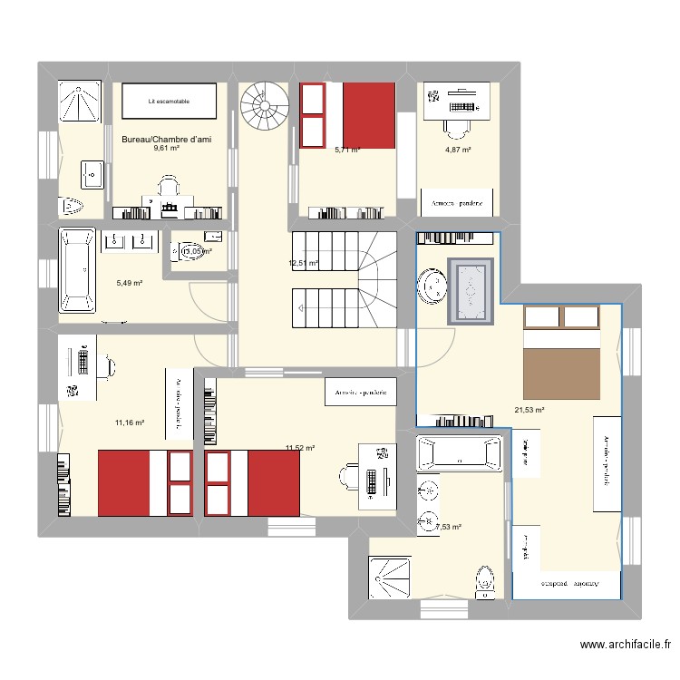 Argentieres étage 1. Plan de 10 pièces et 91 m2