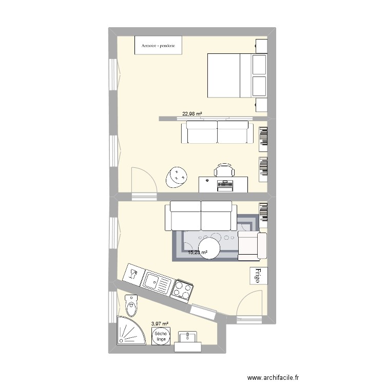 xcc . Plan de 3 pièces et 42 m2