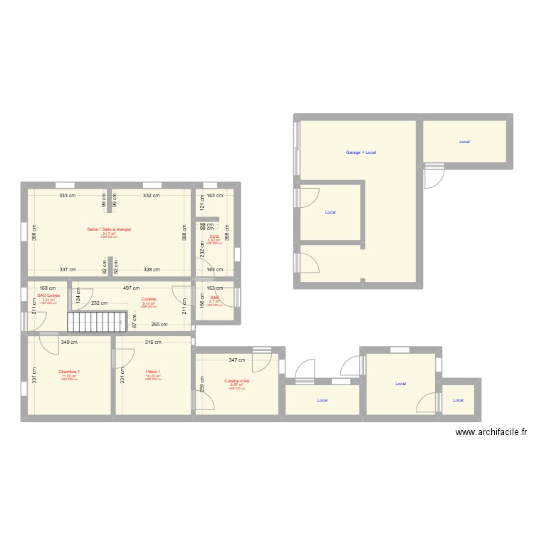 RDC actuel. Plan de 15 pièces et 129 m2