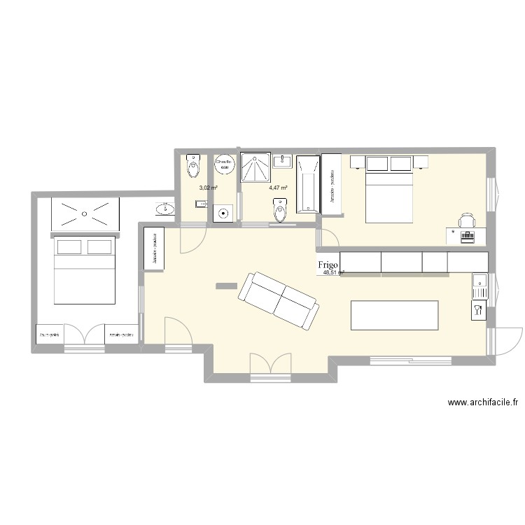 seigno 1. Plan de 3 pièces et 56 m2