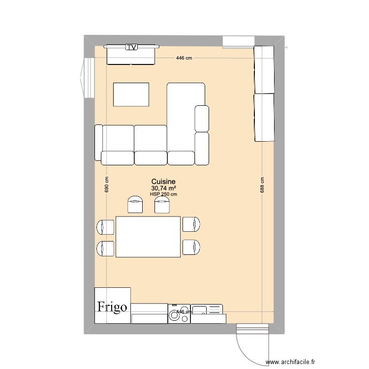 cuisine séjour appart gauche. Plan de 1 pièce et 31 m2