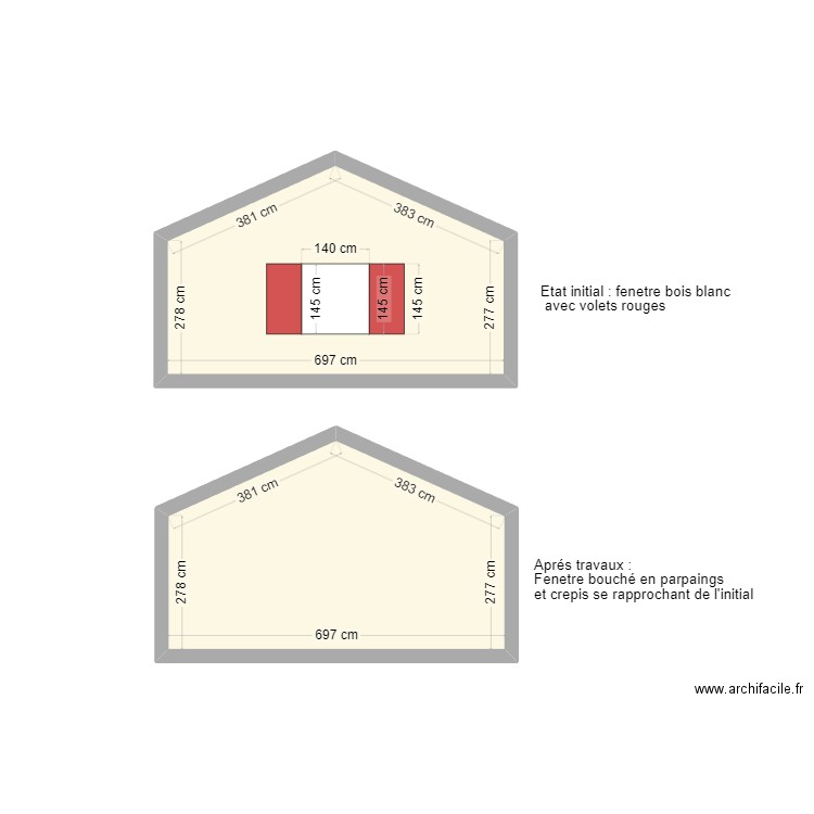 Plan facade coté sud. Plan de 2 pièces et 50 m2