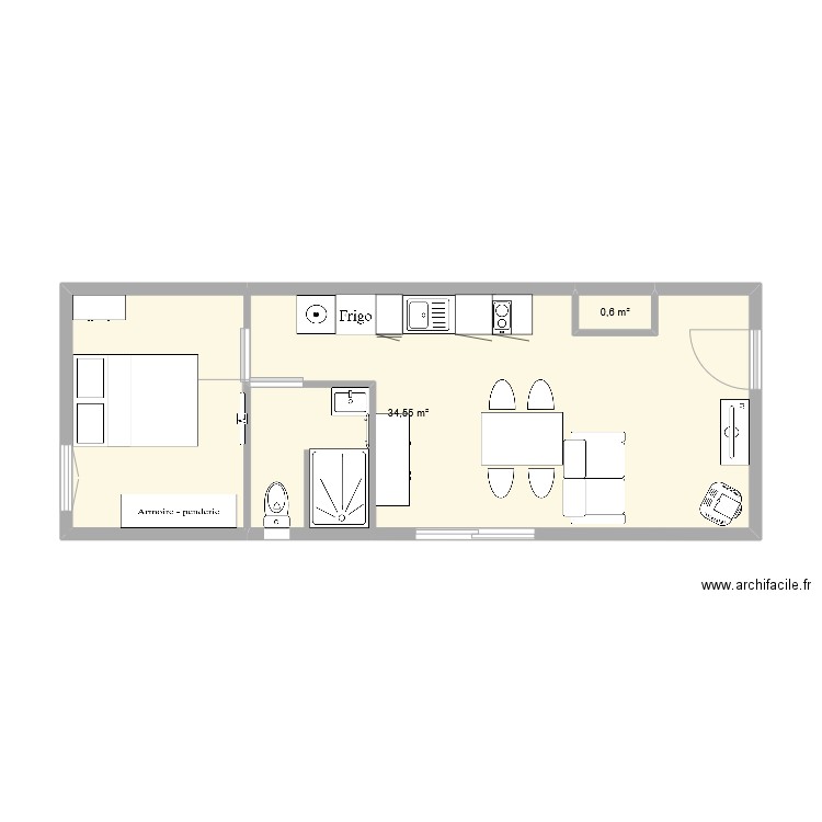 Logement pour papa. Plan de 3 pièces et 35 m2