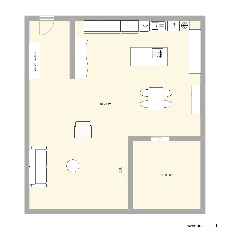 Future cuisine. Plan de 2 pièces et 95 m2