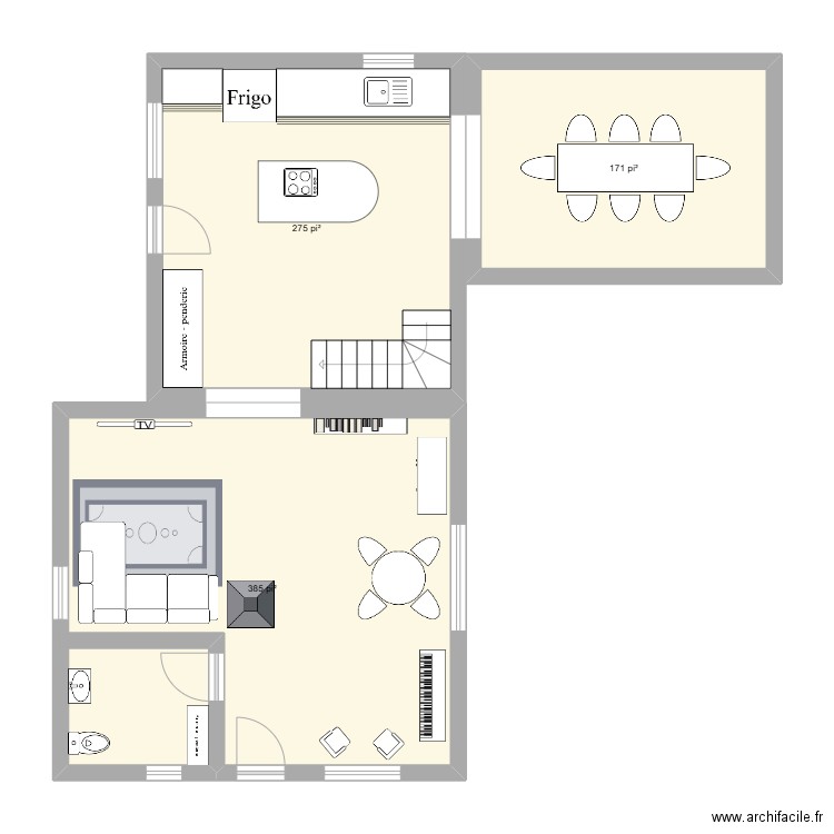 Rez-de-chaussée. Plan de 3 pièces et 77 m2