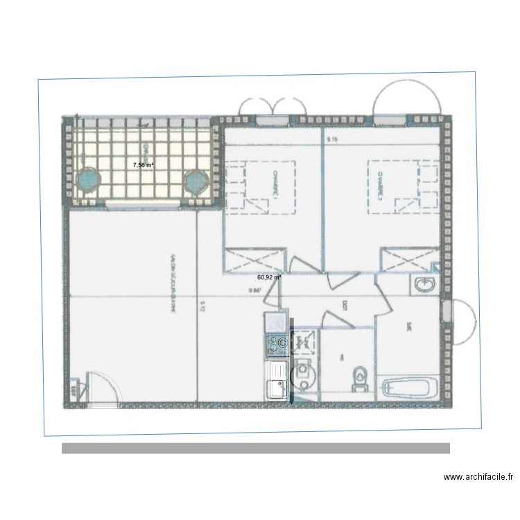 Paradis Origine. Plan de 2 pièces et 68 m2