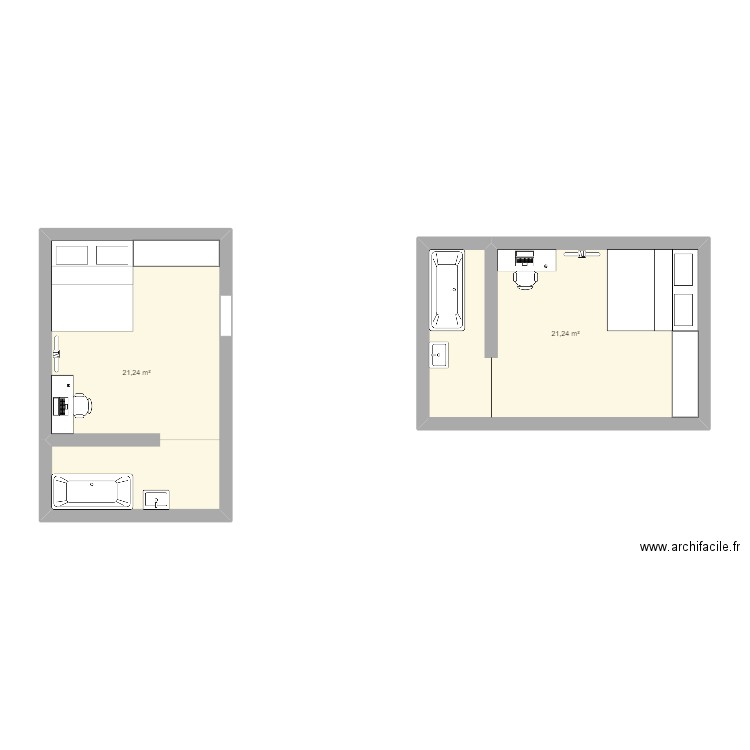 Chambre terrasse Noam. Plan de 2 pièces et 42 m2