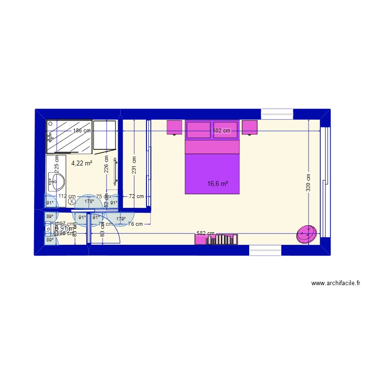 Hangar Chambre SdB 02. Plan de 3 pièces et 22 m2