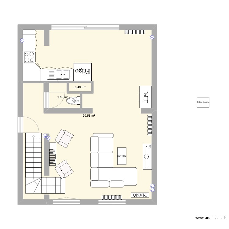 RdCh. Plan de 3 pièces et 53 m2