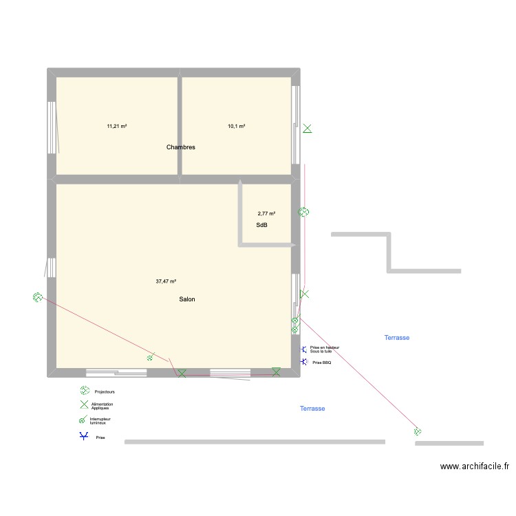 Electricité Extérieure. Plan de 4 pièces et 62 m2