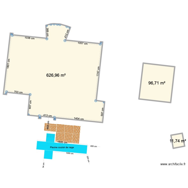 piscine . Plan de 3 pièces et 735 m2