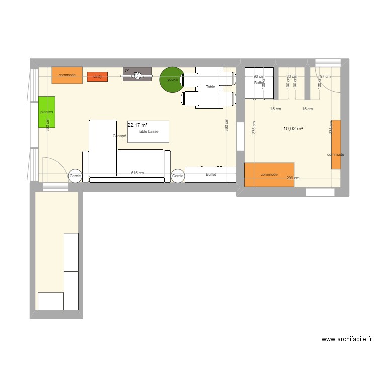 salon. Plan de 3 pièces et 38 m2