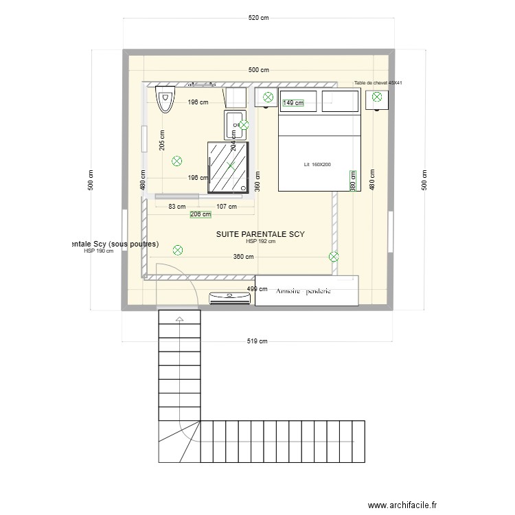 SDB suite parentale scy (sous poutres). Plan de 2 pièces et 28 m2