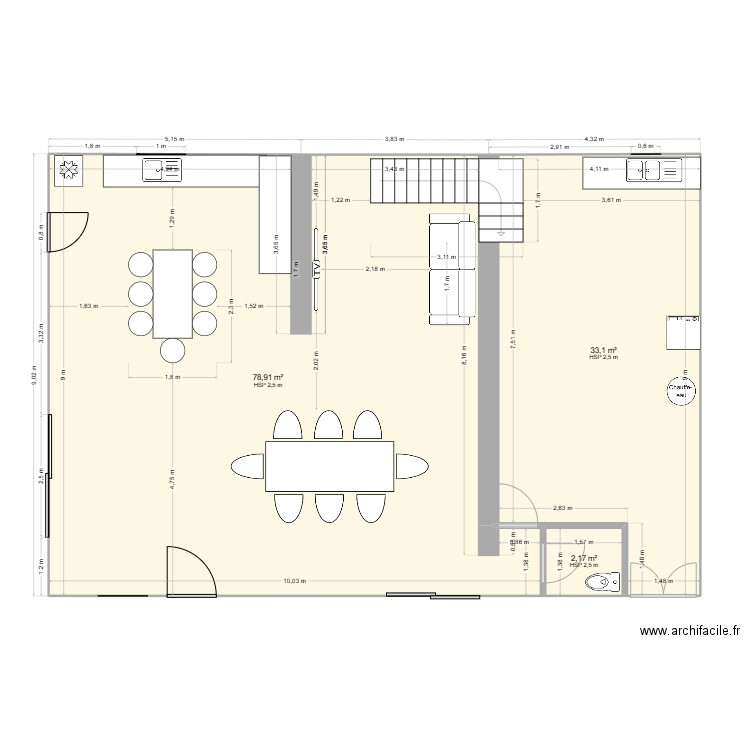 rez chaussé. Plan de 3 pièces et 114 m2