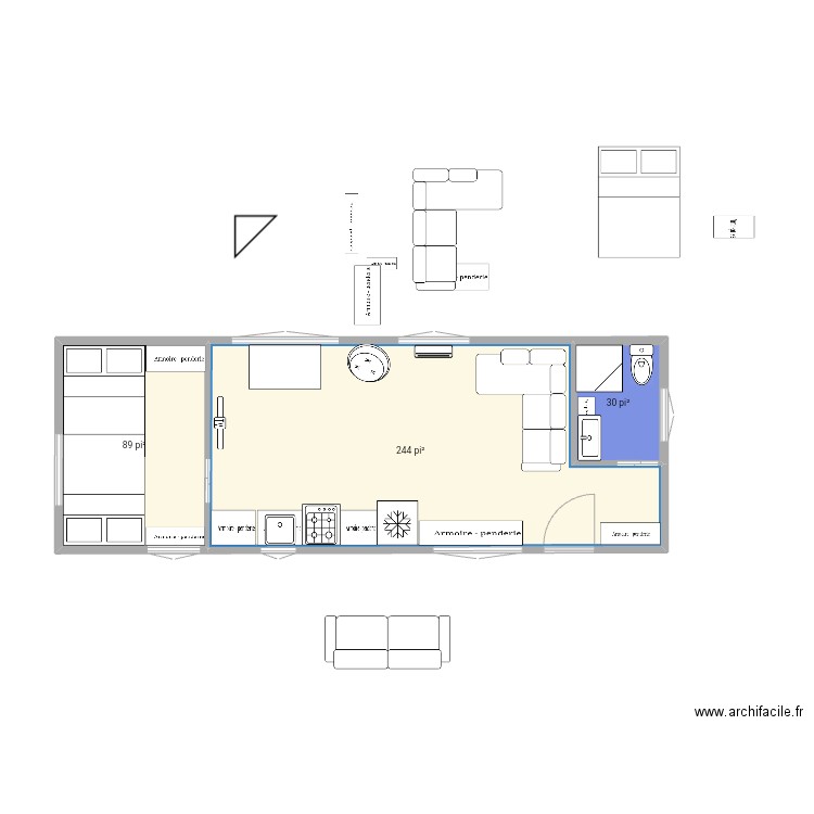 Salle bain a gauche. Plan de 3 pièces et 34 m2