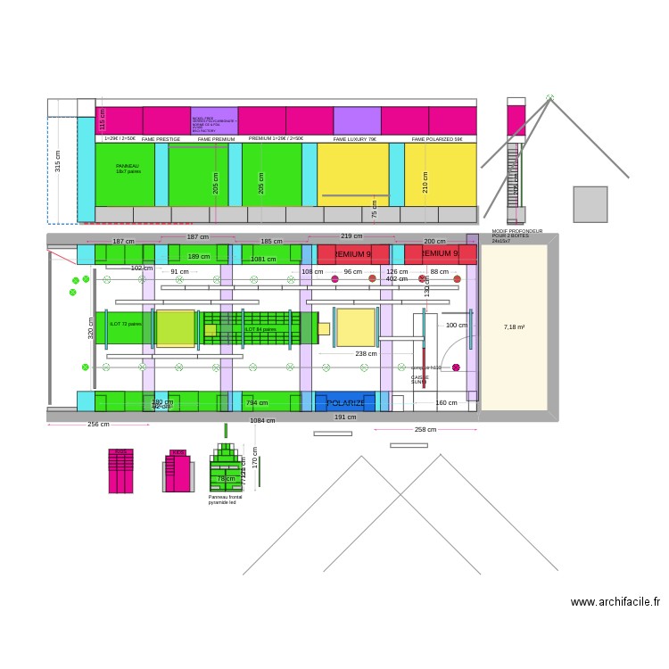 PLAN SUNGLASSES V10 SNG h320 accessoires et eclairage down 2 lineaire75/180. Plan de 1 pièce et 7 m2