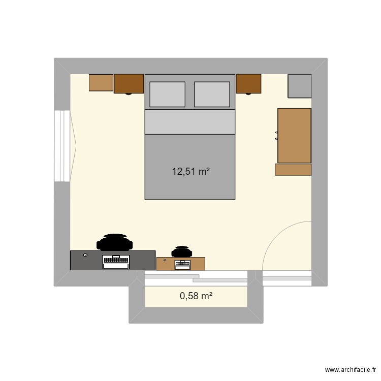 Chambre. Plan de 2 pièces et 13 m2