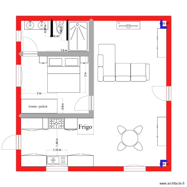 Mars Appartement 8 x 8 -Aménagement. Plan de 5 pièces et 60 m2