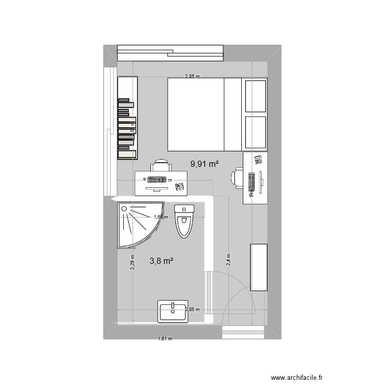 Studio Racine 2. Plan de 2 pièces et 14 m2