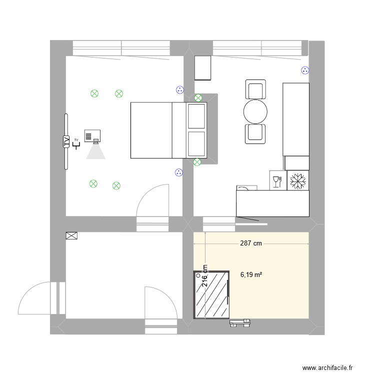 studio. Plan de 1 pièce et 6 m2